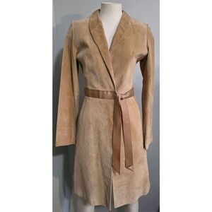Moda International Tan Long Suede Leather Ribbon Tie Coat